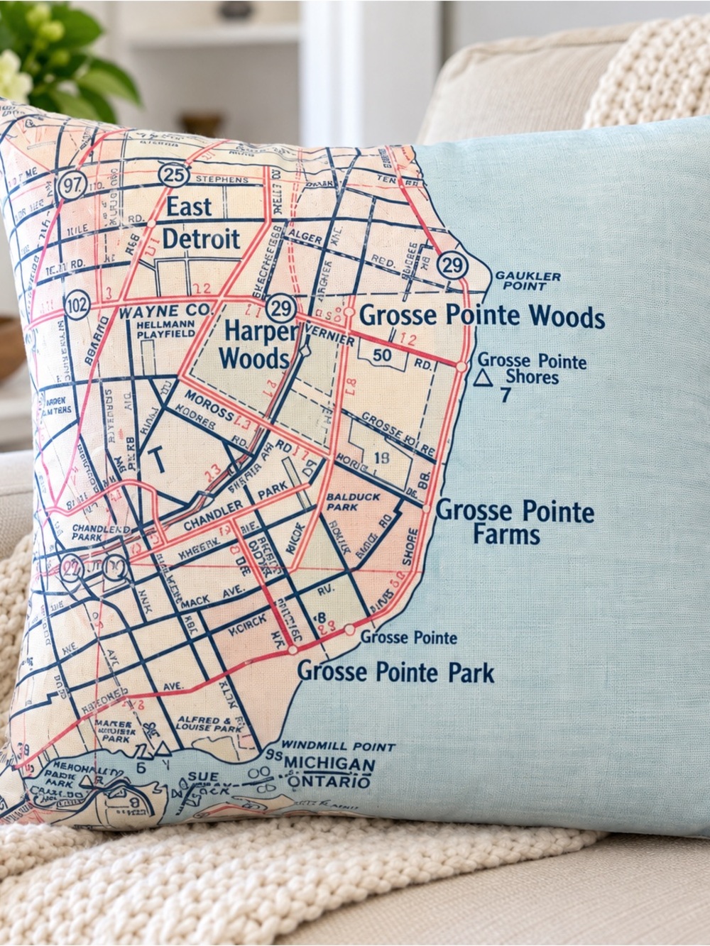 Daisy Mae Designs Grosse Pointe Detroit Vintage Map Throw Pillow NWT